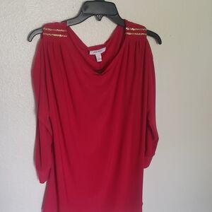 Nine West Vibrant Red Blouse with Gold Accents